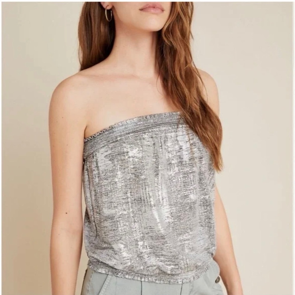 Anthropologie Maiah Maia Silver Shimmer Tube Top Smocked size XL